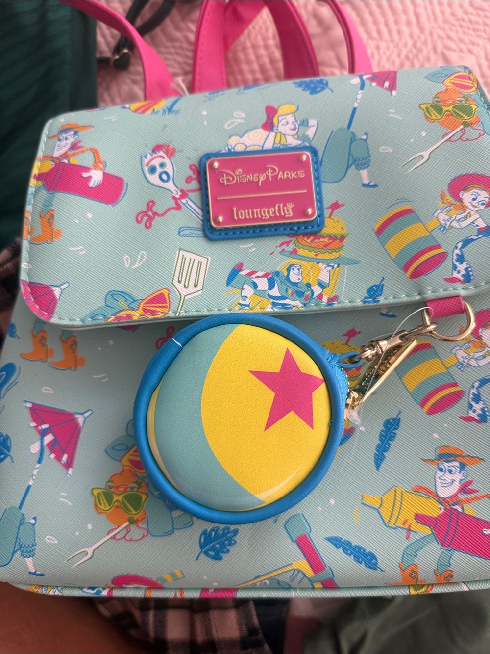 Loungefly Mint and Hot Pink Pixar Patterned Mini Backpack with Star Ball Charm